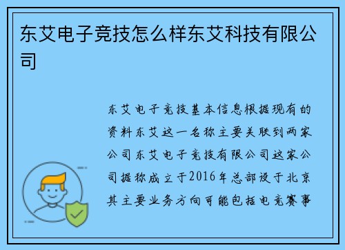 东艾电子竞技怎么样东艾科技有限公司